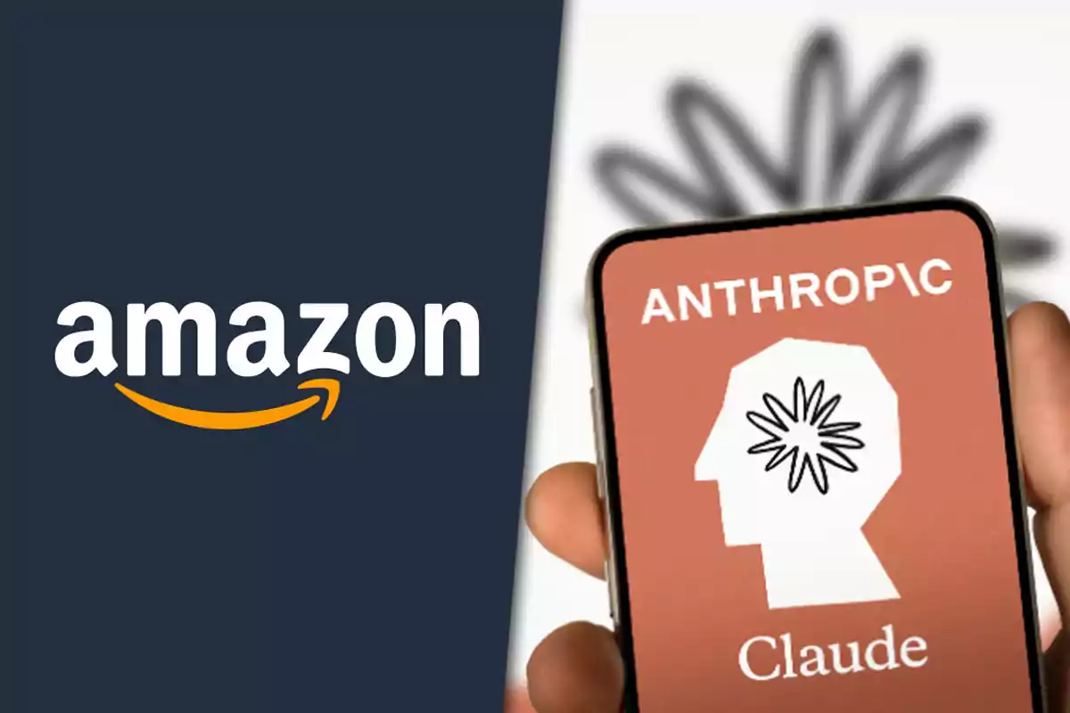 Logotipo de Amazon junto a una mano sosteniendo un teléfono con el logo de Anthropic Claude