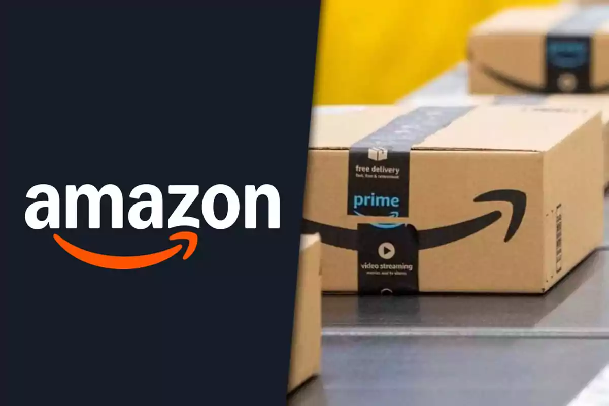 Logo de Amazon junto a una caja de cartón con cinta de Amazon Prime sobre una mesa