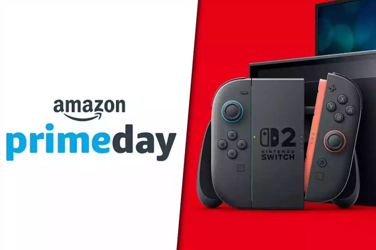 Promoción de Amazon Prime Day junto a una consola Nintendo Switch y un televisor sobre fondo rojo y blanco