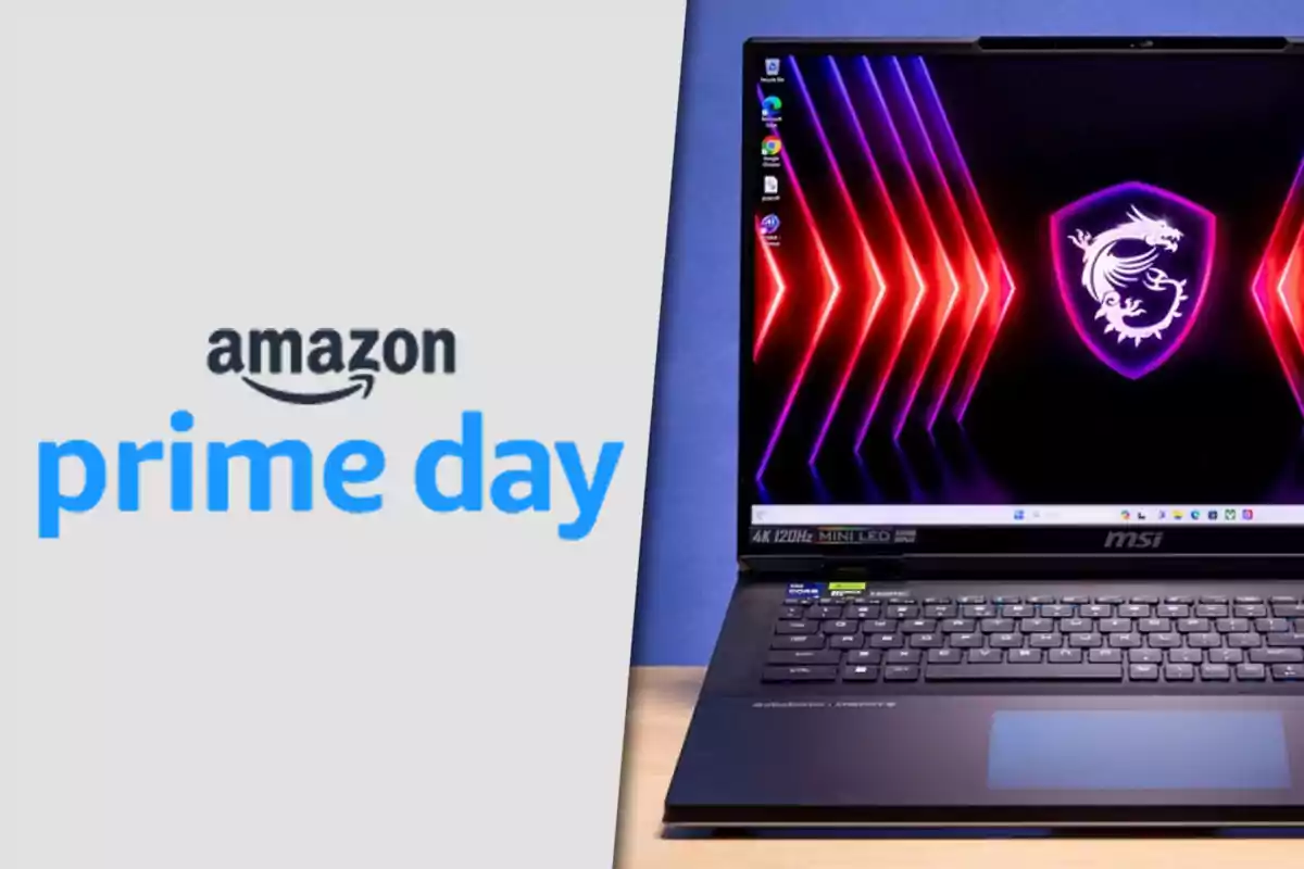 Amazon Prime Day promotion with an MSI laptop turned on sitting on a table