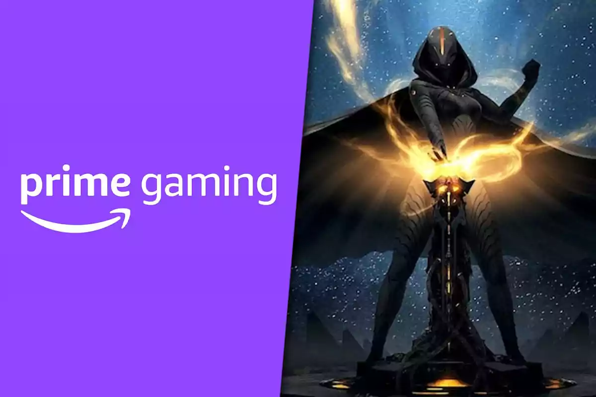 Logo de Prime Gaming a la izquierda y personaje futurista encapuchado con energía dorada en las manos a la derecha