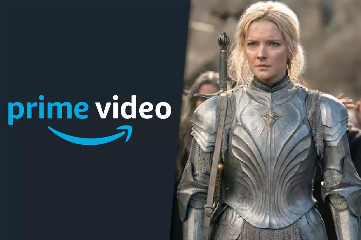Prime Video logo next to a woman in medieval-looking silver armor