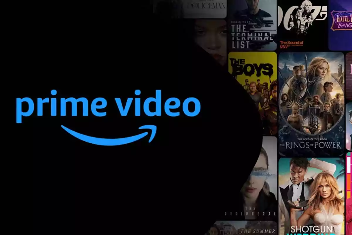 Prime Video logo in the center with a black background and several series and movie covers on the right Prime Video logo in the center with a black background and several series and movie covers on the right