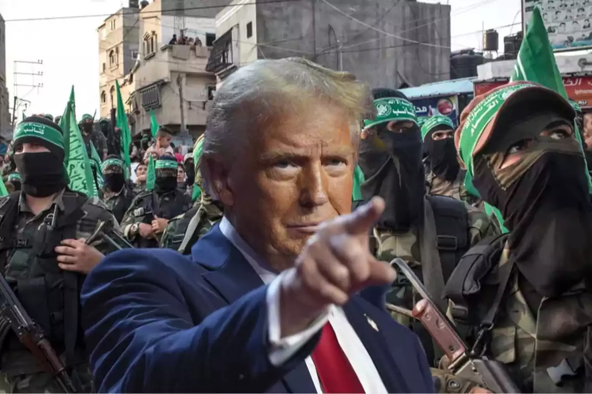 A man in a suit pointing forward surrounded by armed people in military uniforms and green flags