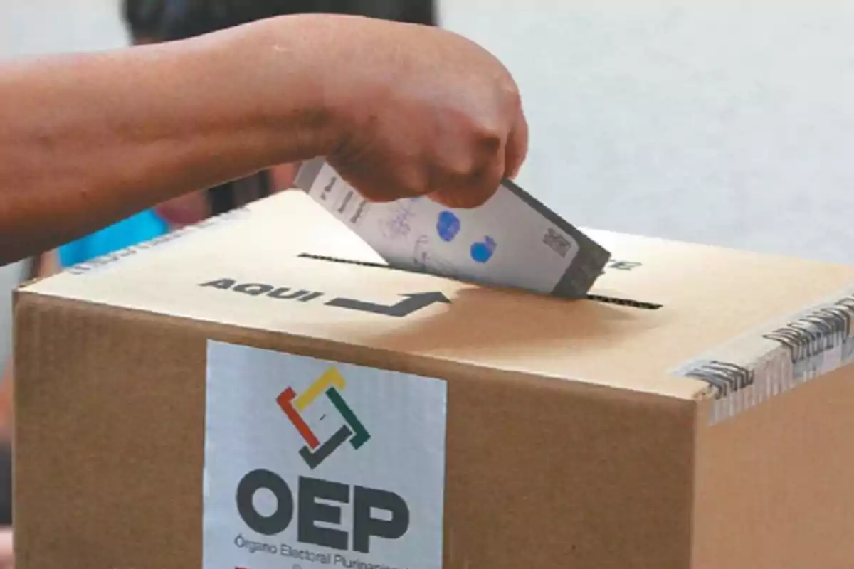 Persona depositando una papeleta en una urna electoral de cartón con el logo del Órgano Electoral Plurinacional Persona depositando una papeleta en una urna electoral de cartón con el logo del Órgano Electoral Plurinacional