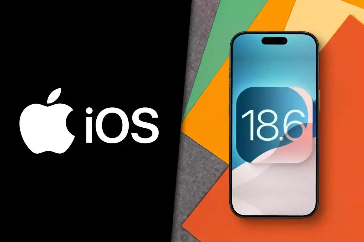 Logo de Apple junto a la palabra iOS y un iPhone mostrando la versión 18.6 sobre fondos de colores