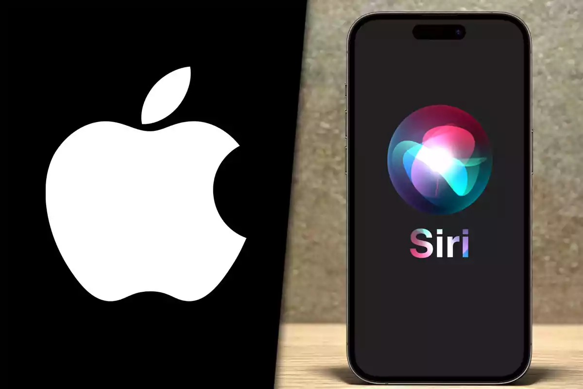 Apple logo on the left and an iPhone displaying the Siri logo on the right