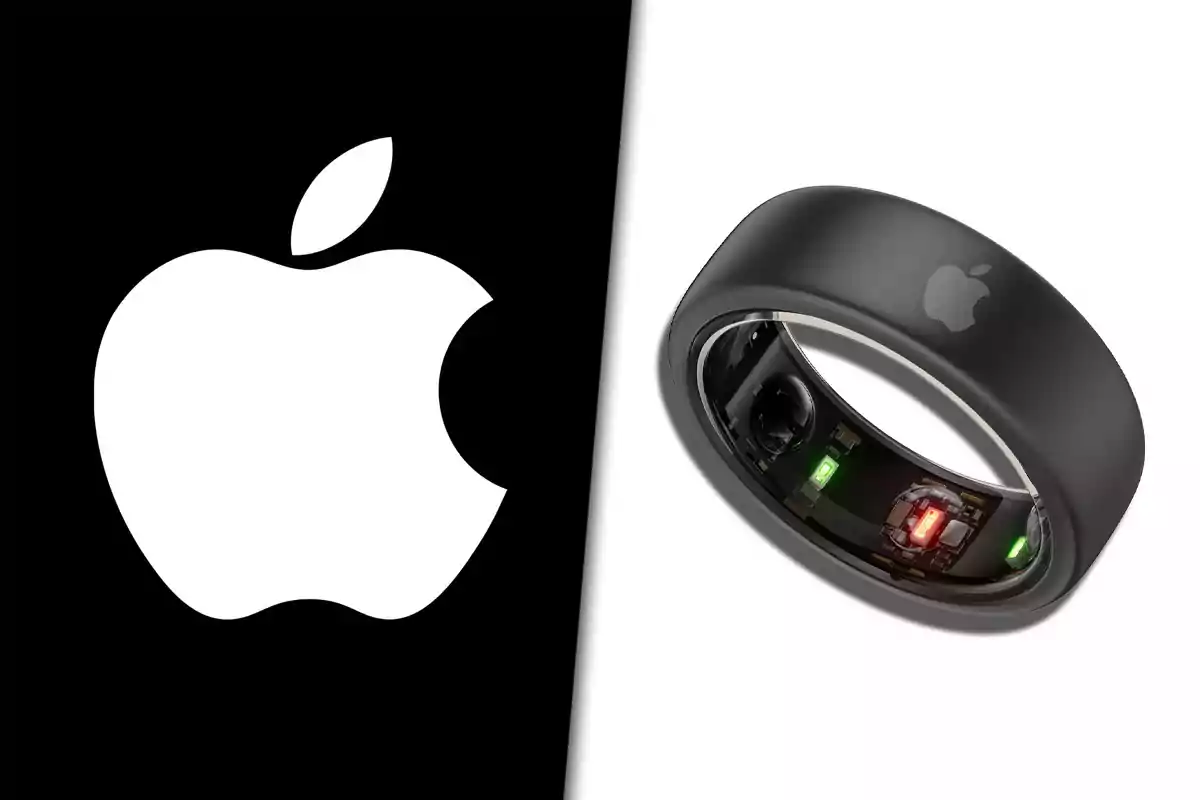 Logotipo de Apple a la izquierda y un anillo inteligente negro con el logo de Apple a la derecha sobre fondo dividido en blanco y negro