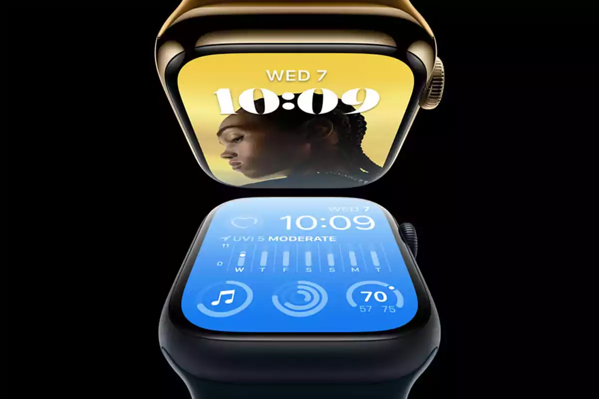 Dos relojes inteligentes Apple Watch con diferentes pantallas y fondos sobre un fondo negro