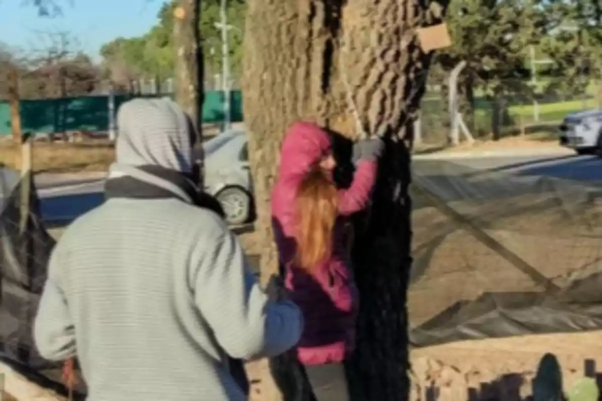 Dos personas con ropa de abrigo están junto a un árbol en una zona urbana, una de ellas abraza el tronco mientras la otra observa. Dos personas con ropa de abrigo están junto a un árbol en una zona urbana, una de ellas abraza el tronco mientras la otra observa.