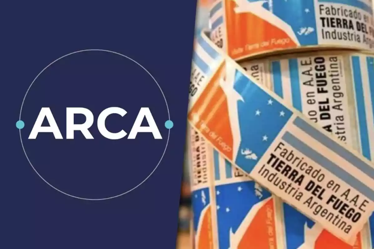 Logo de ARCA sobre fondo azul a la izquierda y etiquetas de productos fabricados en Tierra del Fuego a la derecha