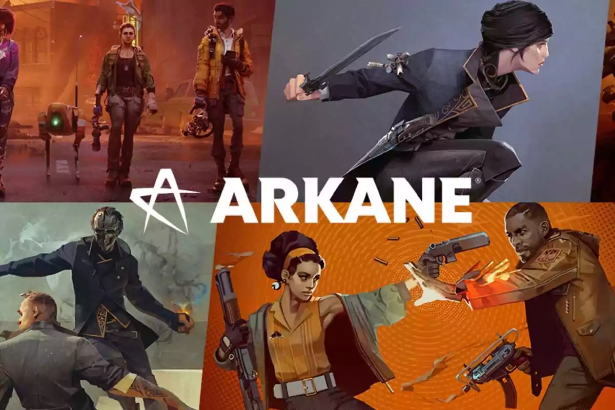 Collage de personajes de videojuegos desarrollados por Arkane Studios con el logo de Arkane en el centro Collage de personajes de videojuegos desarrollados por Arkane Studios con el logo de Arkane en el centro