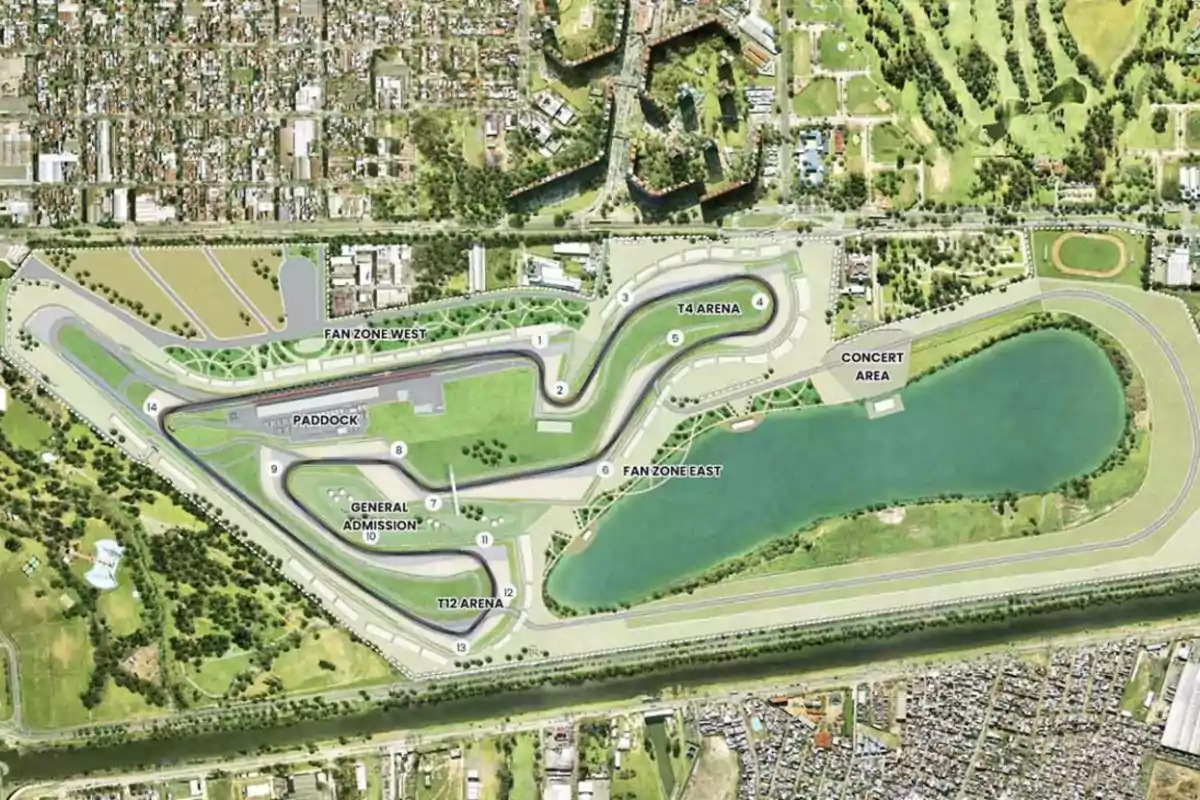 Aerial view of a racetrack surrounded by green areas, a lagoon, and designated zones for spectators, paddock, concerts, and fan zones. Aerial view of a racetrack surrounded by green areas, a lagoon, and designated zones for spectators, paddock, concerts, and fan zones.