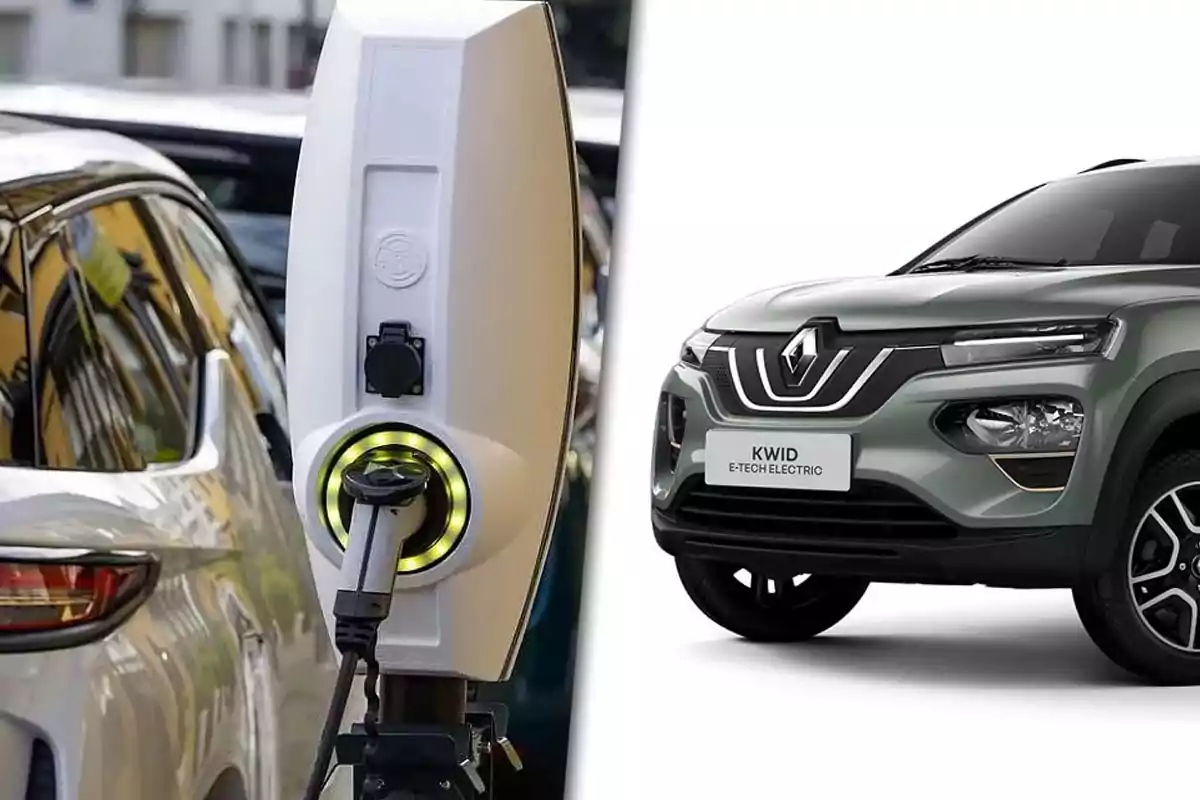 Un auto eléctrico conectado a una estación de carga junto a un Renault Kwid E-Tech Electric en color gris.
