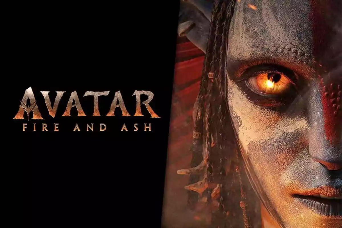 Promotional poster for Avatar Fire and Ash featuring the face of a blue character with bright eyes and a serious expression on the right, and the movie title on the left against a black background.
