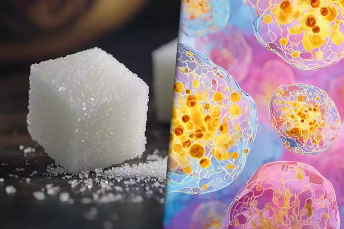 Un cubo de azúcar junto a una ilustración de células vistas al microscopio