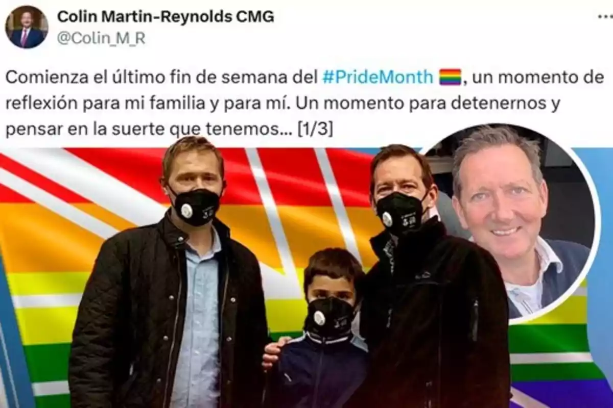 Three people wearing masks pose in front of a pride flag, accompanied by a message about Pride Month and the importance of family reflection.