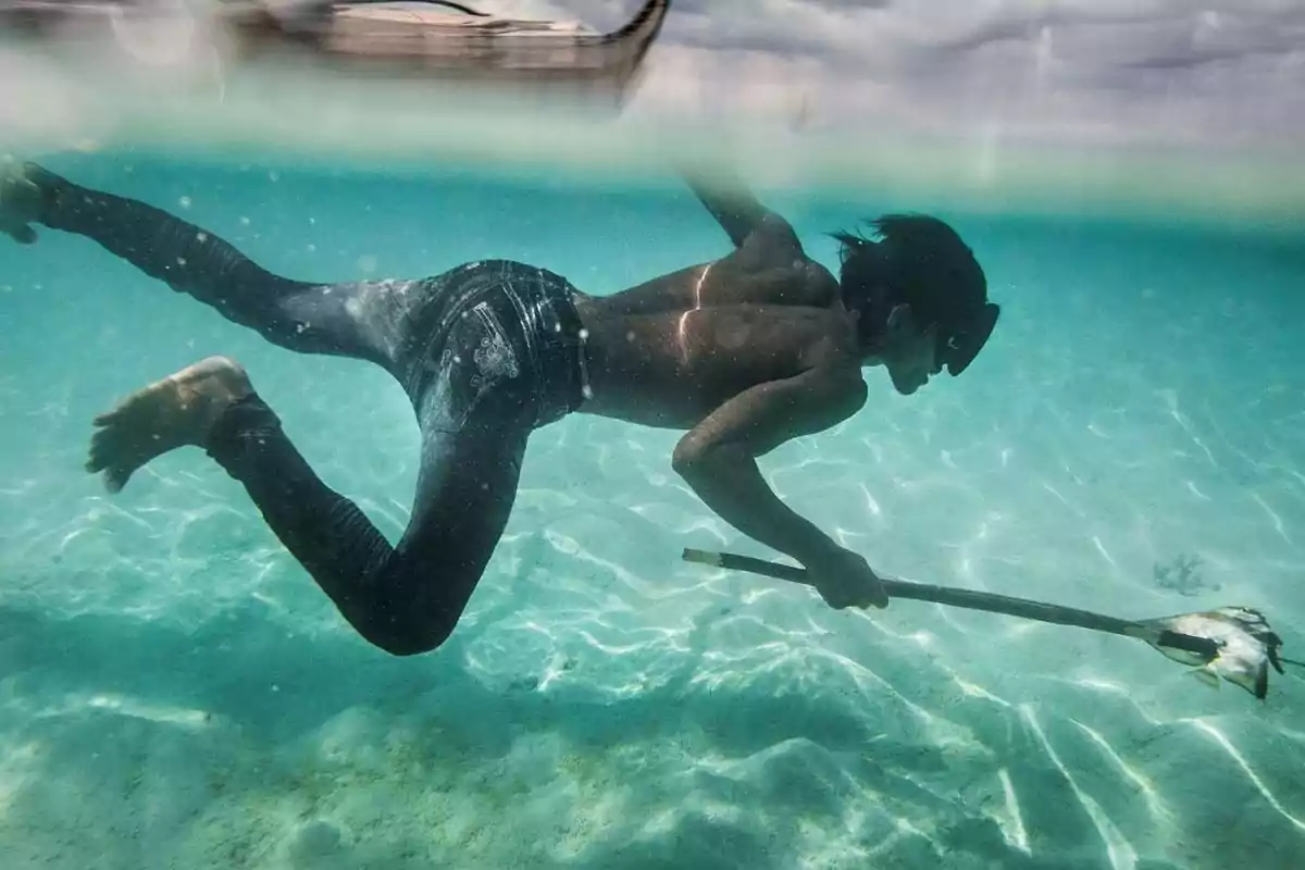 Persona buceando en aguas cristalinas mientras sostiene una lanza con un pez atrapado