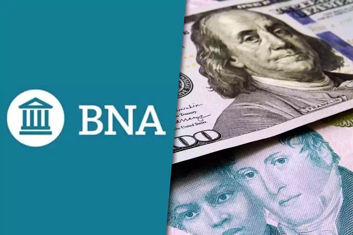 Banco Nación logo next to US dollar bills and Argentine pesos