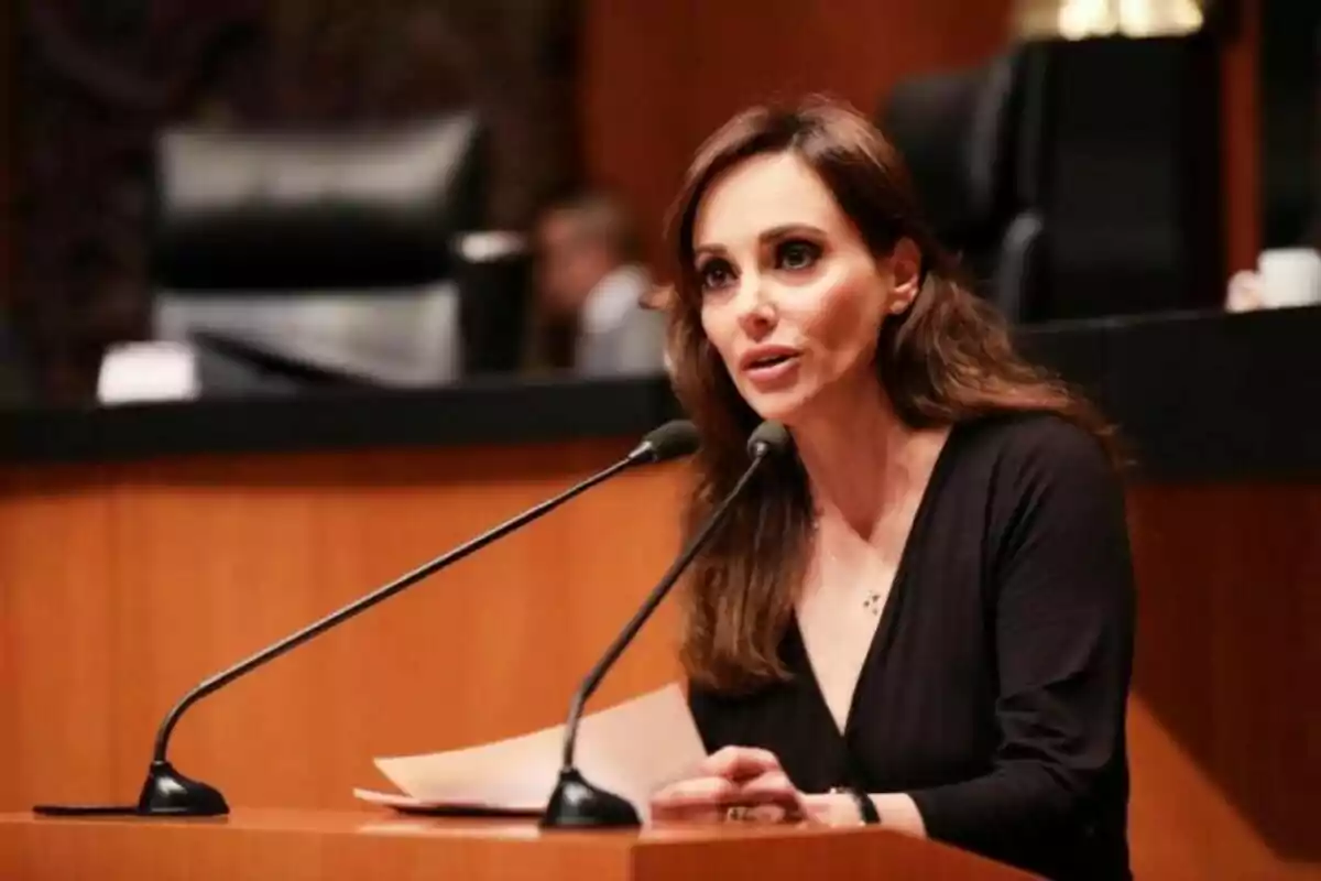 Brown-haired woman speaking in front of two microphones in an official venue while holding some papers Brown-haired woman speaking in front of two microphones in an official venue while holding some papers