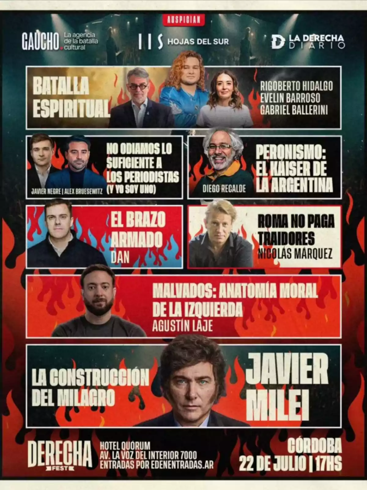 Promotional poster for an event called Derecha Fest in Córdoba with photos of the speakers, names of the talks, and the date July 22 at 5:00 p.m. at the Quorum Hotel Promotional poster for an event called Derecha Fest in Córdoba with photos of the speakers, names of the talks, and the date July 22 at 5:00 p.m. at the Quorum Hotel