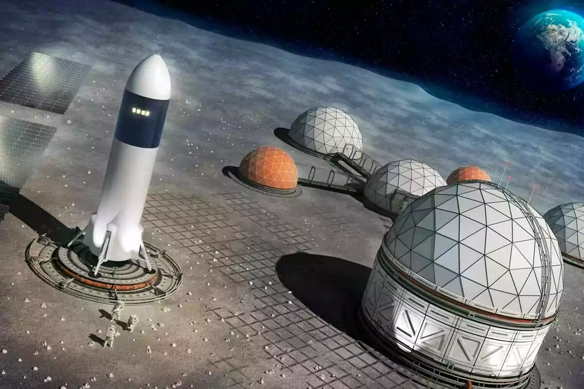 Base lunar futurista con cúpulas geodésicas, un cohete y astronautas en la superficie, con la Tierra visible en el espacio Base lunar futurista con cúpulas geodésicas, un cohete y astronautas en la superficie, con la Tierra visible en el espacio