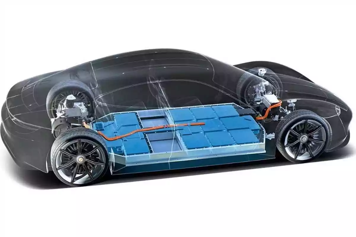 Auto eléctrico con la carrocería semitransparente mostrando el sistema de baterías y componentes internos Auto eléctrico con la carrocería semitransparente mostrando el sistema de baterías y componentes internos
