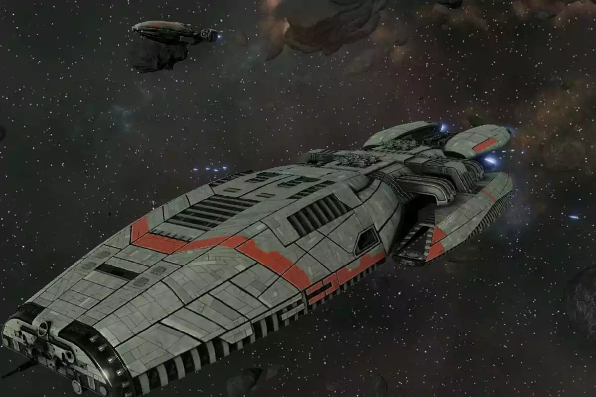 Gray spaceship with orange details traveling through an asteroid field in space Gray spaceship with orange details traveling through an asteroid field in space