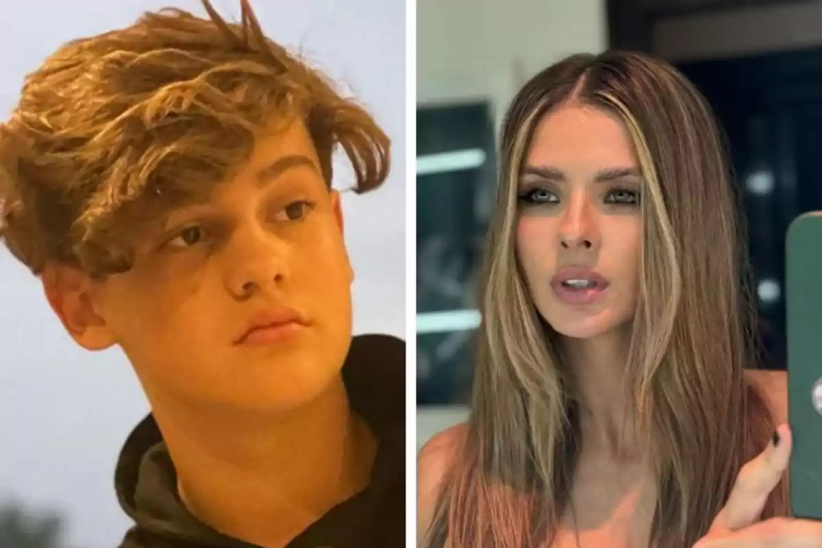 Fotografía dividida en dos partes mostrando a un adolescente de cabello castaño claro y a una mujer joven con el cabello largo y rubio, ambos mirando hacia diferentes direcciones.