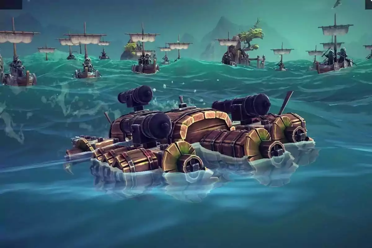 Wooden ships with cannons floating on the sea in a medieval video game setting Wooden ships with cannons floating on the sea in a medieval video game setting