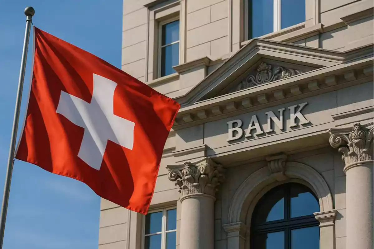 Swiss flag waving in front of the facade of a classical-style bank Swiss flag waving in front of the facade of a classical-style bank