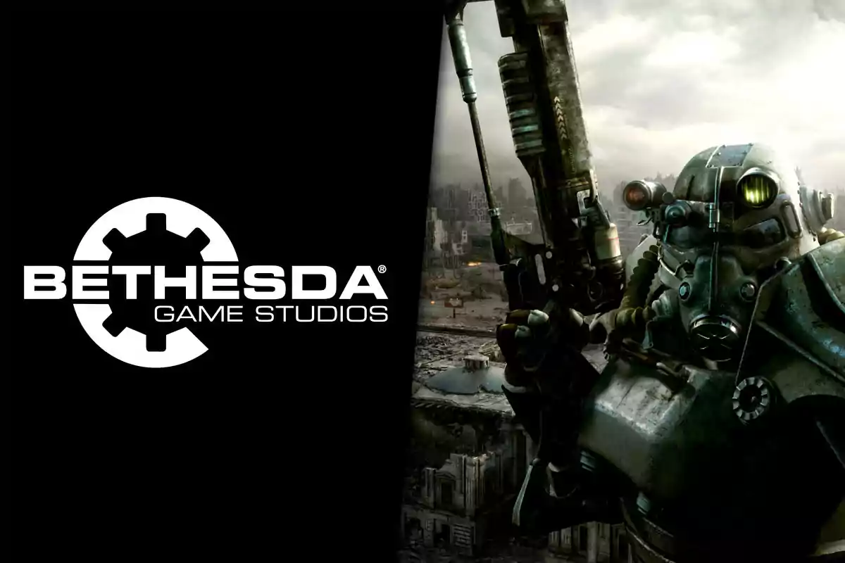Bethesda Game Studios logo next to a character in futuristic armor in a post-apocalyptic setting