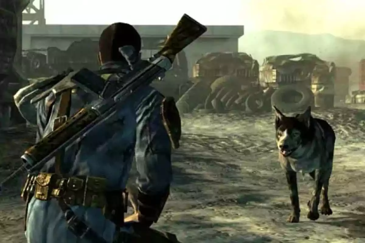 Un hombre armado con un rifle en la espalda se encuentra frente a un perro en un entorno postapocalíptico lleno de chatarra y neumáticos Un hombre armado con un rifle en la espalda se encuentra frente a un perro en un entorno postapocalíptico lleno de chatarra y neumáticos