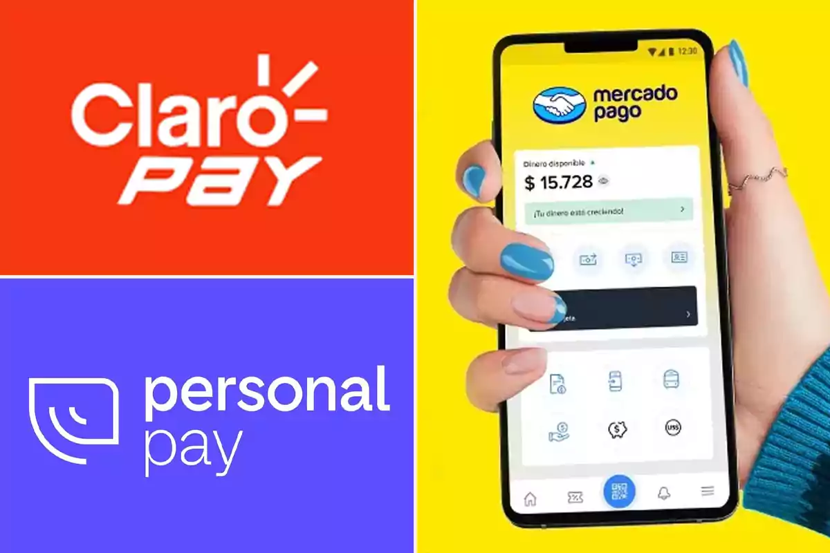 Claro Pay and Personal Pay logos next to a hand holding a cellphone with the Mercado Pago app open on the screen