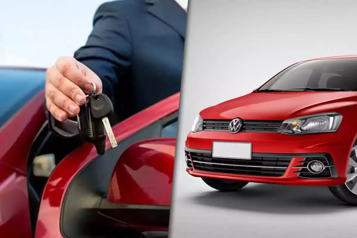 Person handing over car keys next to a red Volkswagen car