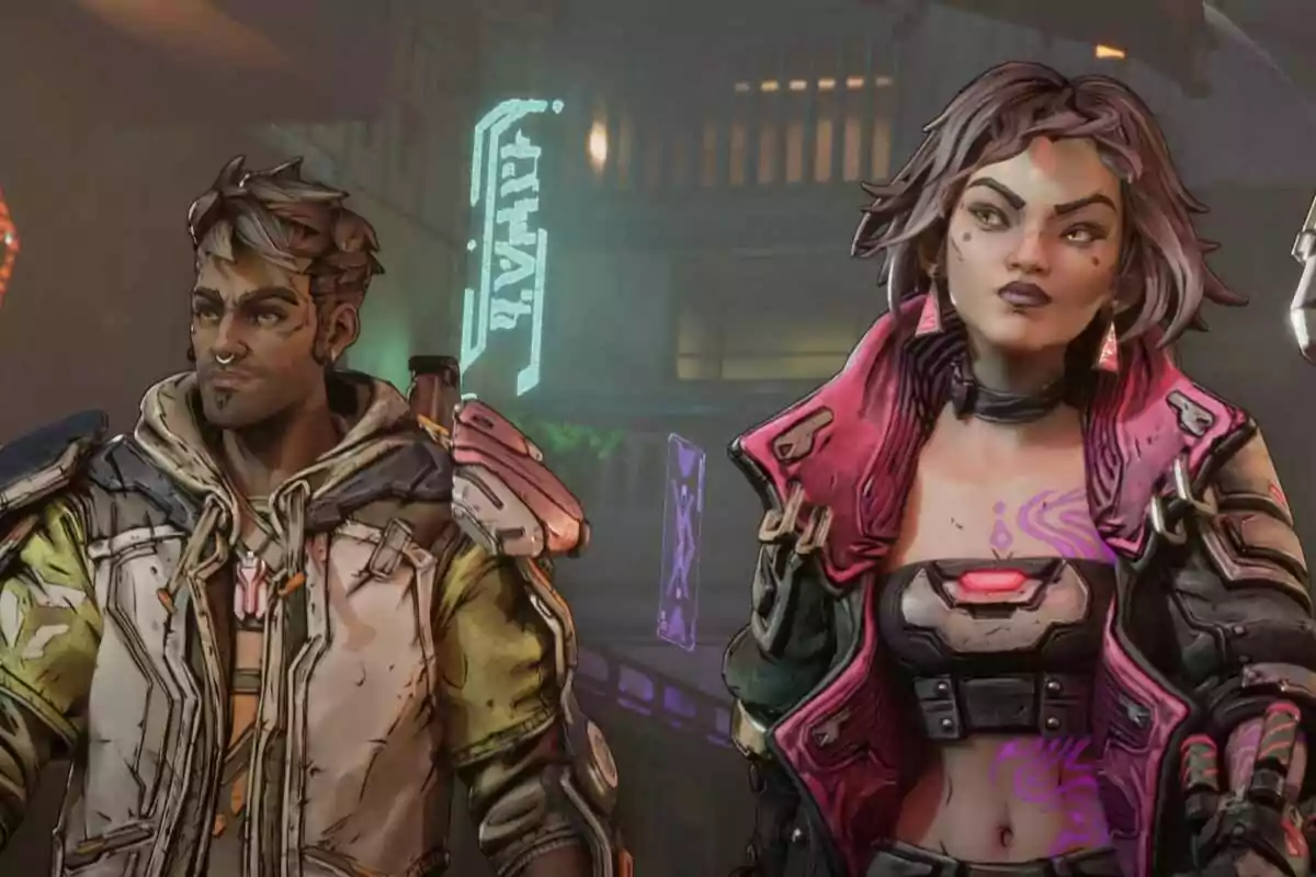 Dos personajes con estilo de cómic y vestimenta futurista aparecen en un entorno con luces y hologramas. Dos personajes con estilo de cómic y vestimenta futurista aparecen en un entorno con luces y hologramas.