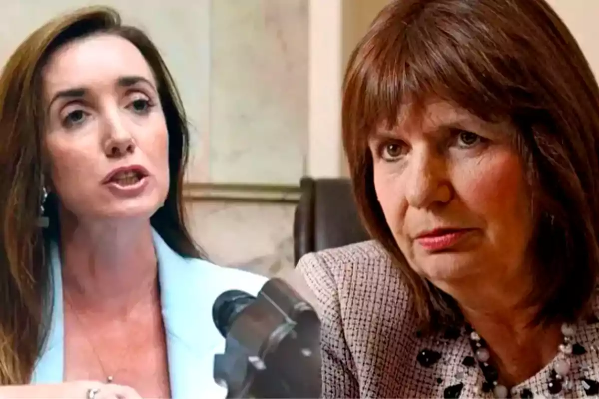 Two brown-haired women in the foreground, one of them speaking and the other looking serious.