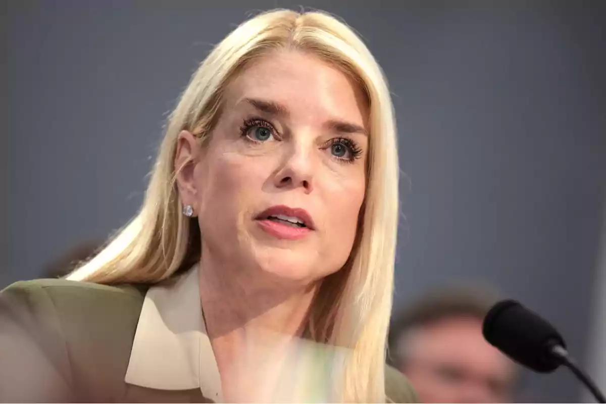 Blonde woman with long hair speaking in front of a microphone with a serious expression Blonde woman with long hair speaking in front of a microphone with a serious expression