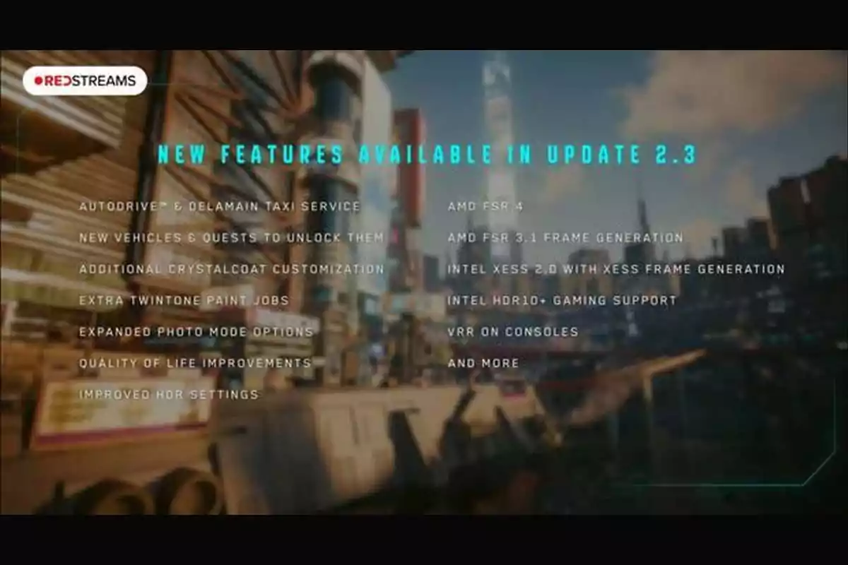 Lista de nuevas características disponibles en la actualización 2.3 de un videojuego, incluyendo servicio de taxi, nuevos vehículos, personalización adicional, mejoras en el modo foto, mejoras de calidad de vida, soporte para tecnologías gráficas avanzadas y más, con un fondo de ciudad futurista desenfocada. Lista de nuevas características disponibles en la actualización 2.3 de un videojuego, incluyendo servicio de taxi, nuevos vehículos, personalización adicional, mejoras en el modo foto, mejoras de calidad de vida, soporte para tecnologías gráficas avanzadas y más, con un fondo de ciudad futurista desenfocada.