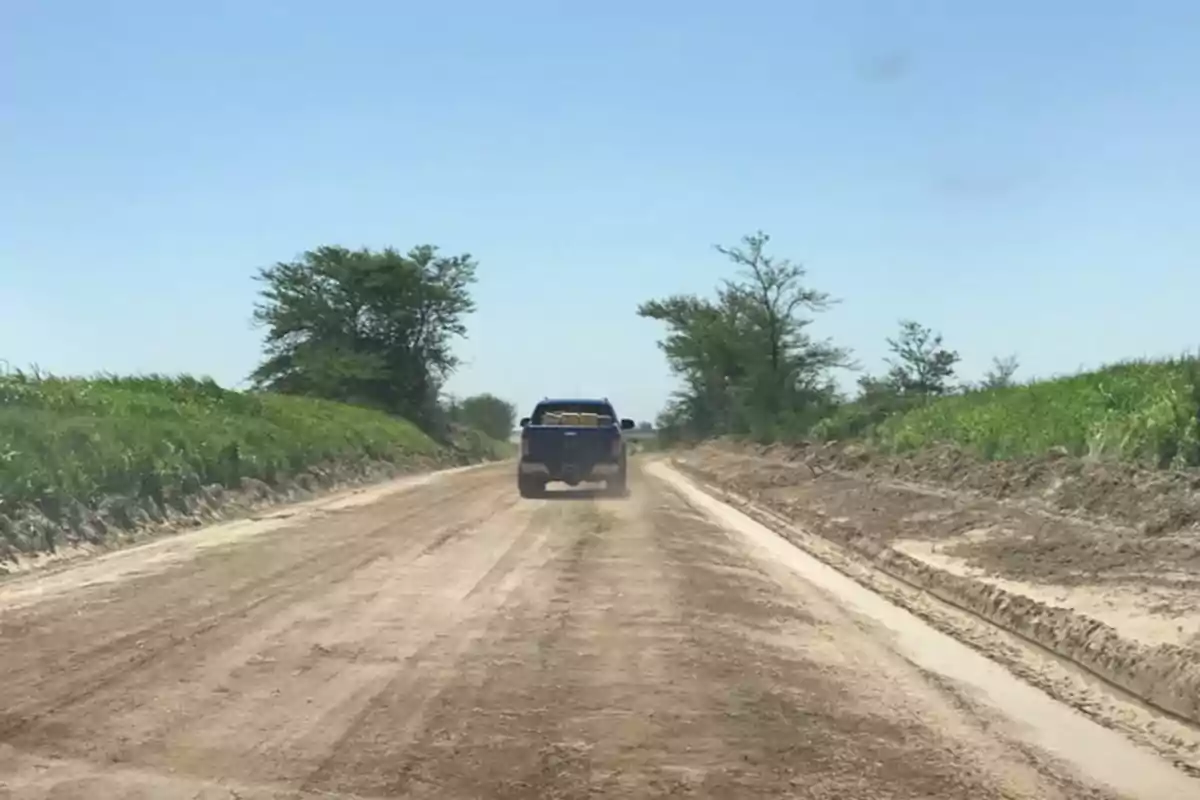 Blue pickup truck driving on a dirt road surrounded by vegetation under a clear sky Blue pickup truck driving on a dirt road surrounded by vegetation under a clear sky