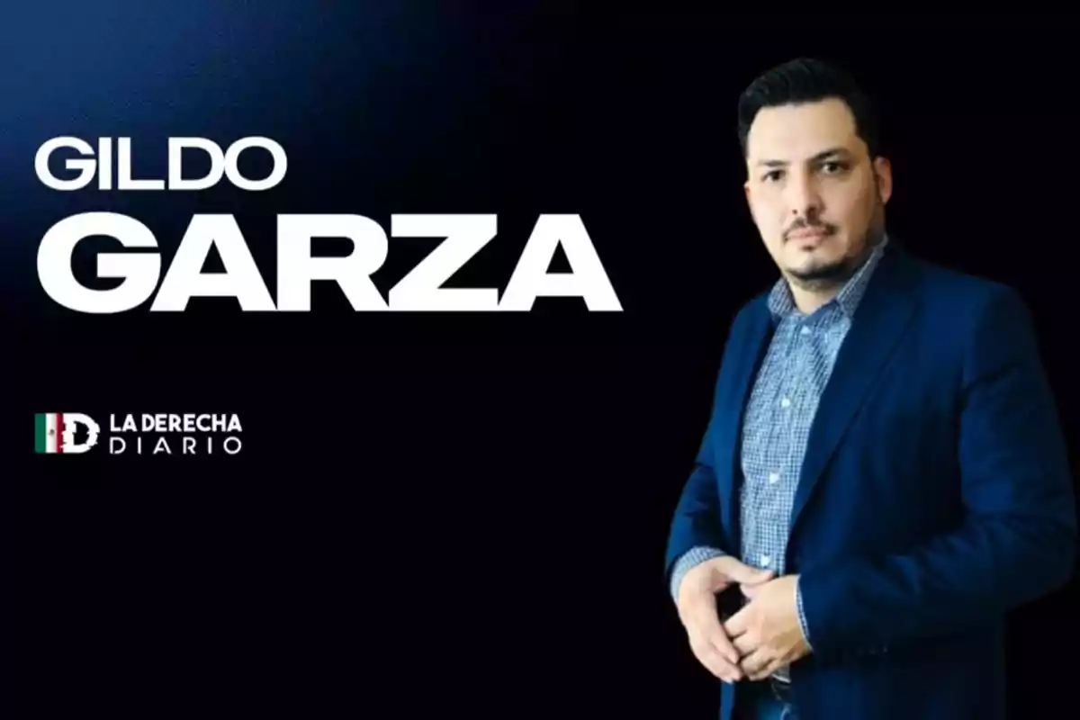 Short-haired man with a trimmed beard wears a blue blazer and a plaid jersey, standing next to a dark background with the text "Gildo Garza" and the "La Derecha Diario" logo.