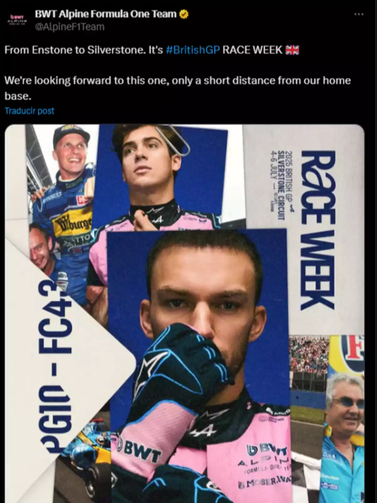 Imagen promocional del equipo Alpine de Fórmula 1 para la semana del Gran Premio de Gran Bretaña en Silverstone, mostrando a un piloto con uniforme rosa y azul, junto a recortes de fotos históricas del equipo y el texto Race Week 2023 British GP Silverstone Circuit 4-6 July