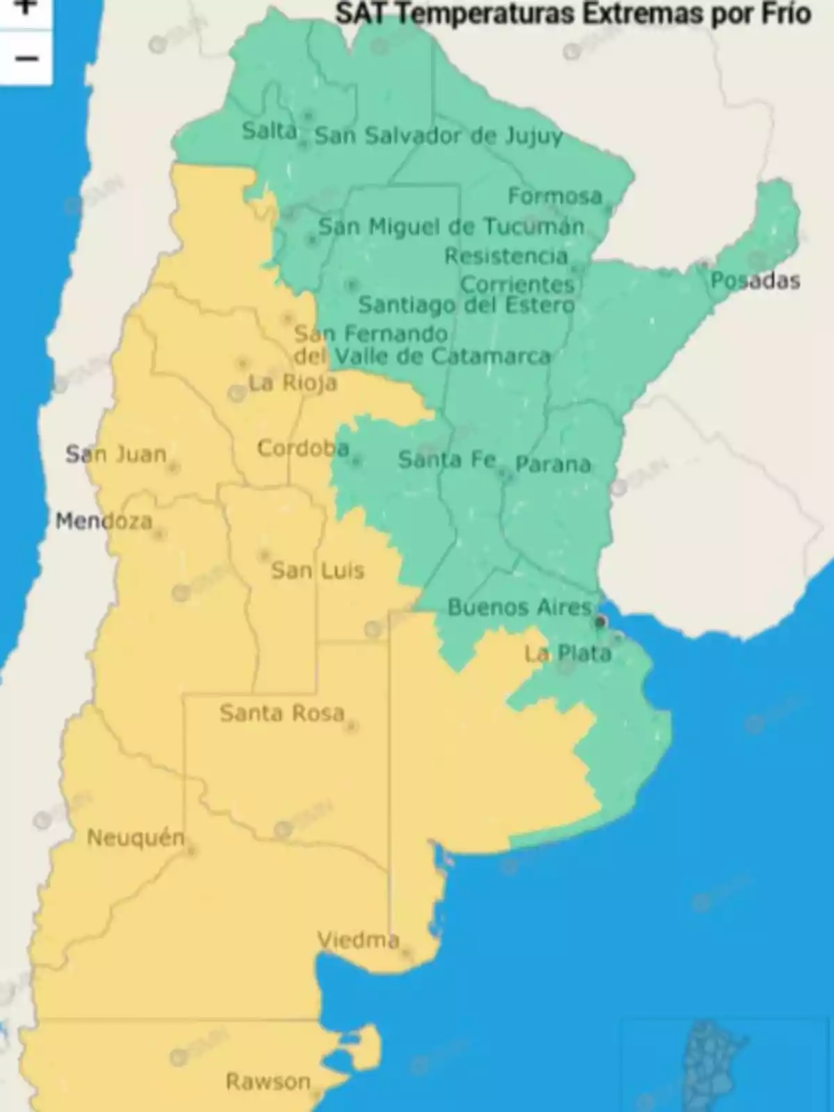 Mapa de Argentina con regiones en verde y amarillo que indica alertas por temperaturas extremas por frío