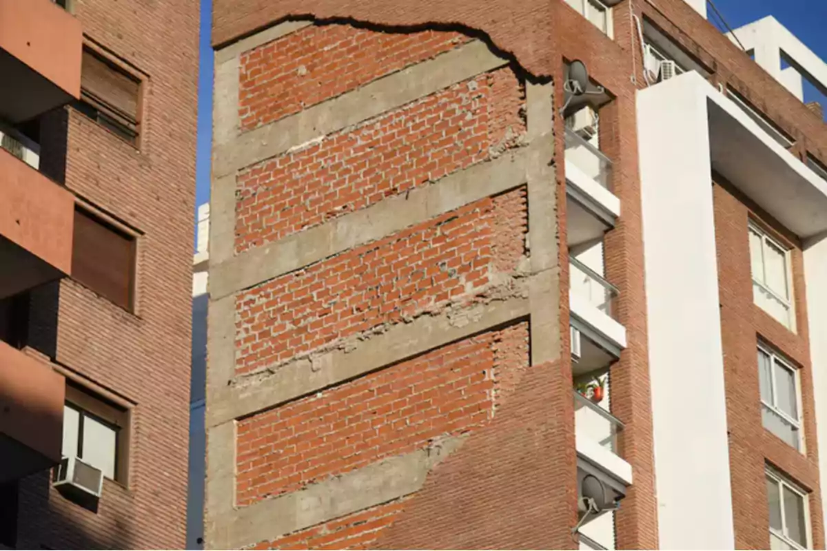 Edificio de ladrillos con una pared lateral parcialmente derrumbada que deja al descubierto la estructura interna