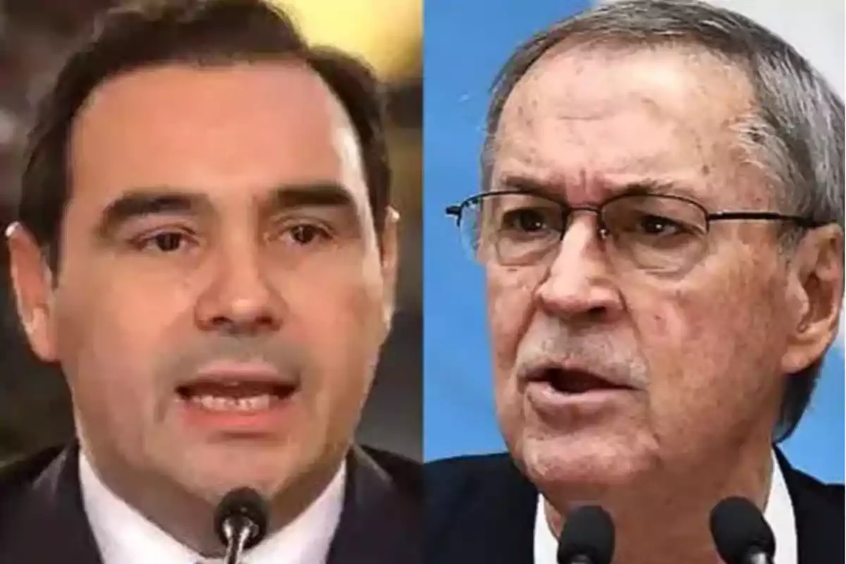 Two middle-aged and older men speaking in front of microphones on different stages