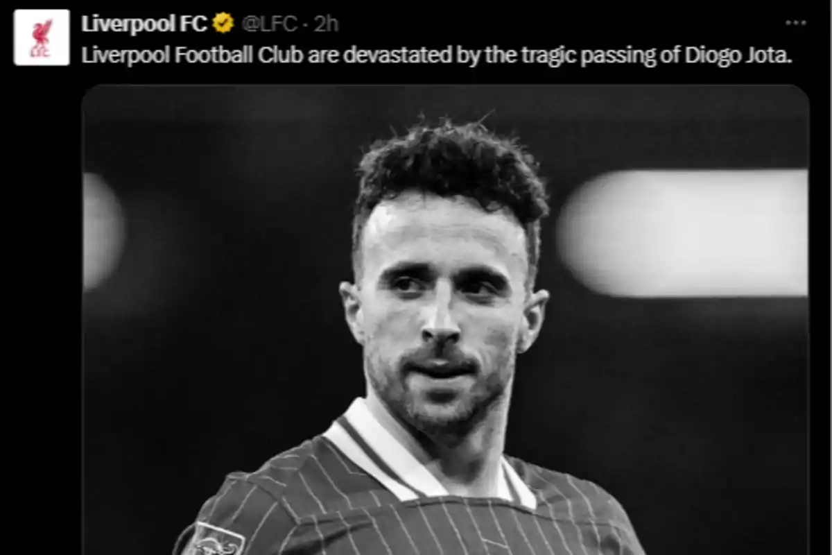 Liverpool FC social media post in black and white showing a footballer with a serious expression and a message of mourning Liverpool FC social media post in black and white showing a footballer with a serious expression and a message of mourning
