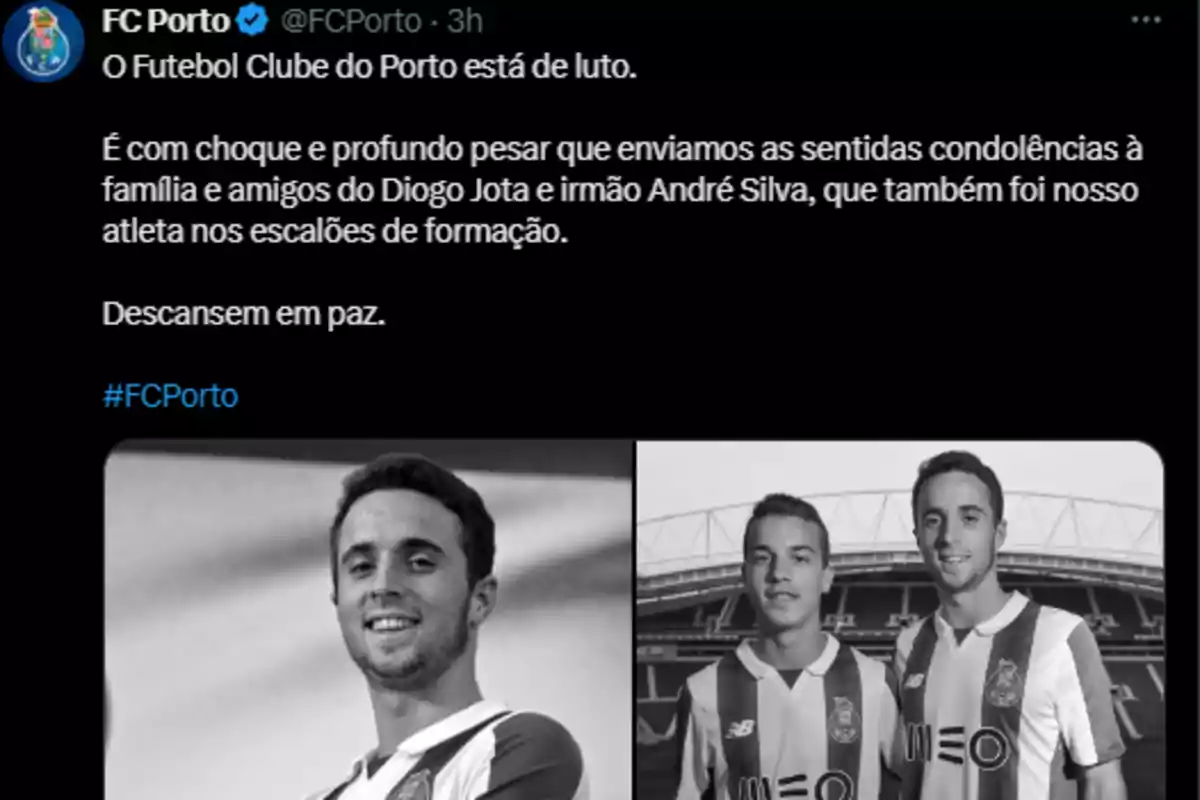Social media post from FC Porto expressing their condolences for the passing of a former youth academy player, accompanied by two black-and-white photos of young footballers wearing the club’s uniform. Social media post from FC Porto expressing their condolences for the passing of a former youth academy player, accompanied by two black-and-white photos of young footballers wearing the club’s uniform.