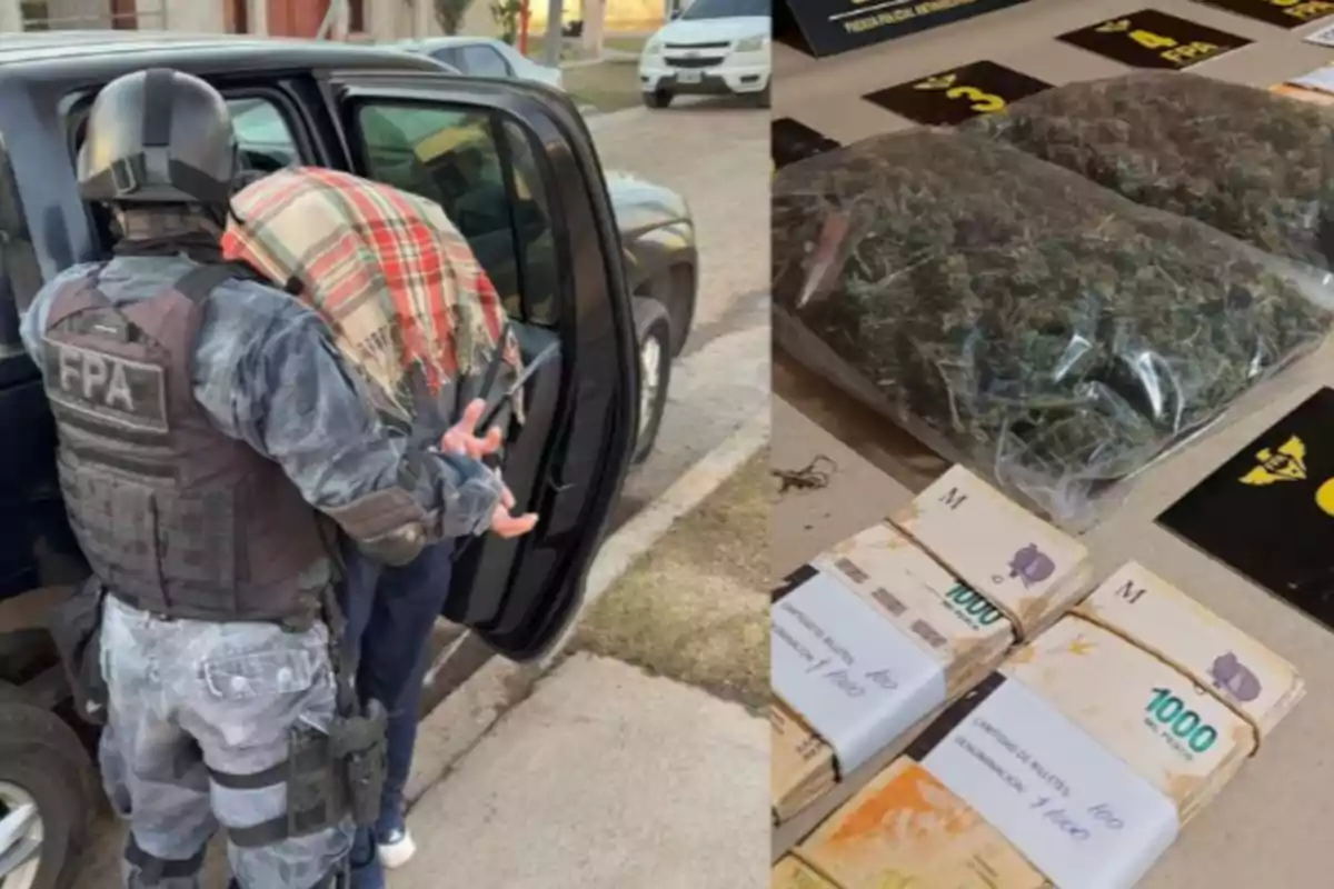 A uniformed police officer wearing a vest detains a hooded person next to a vehicle, while bags of marijuana and bundles of cash can be seen on a table.