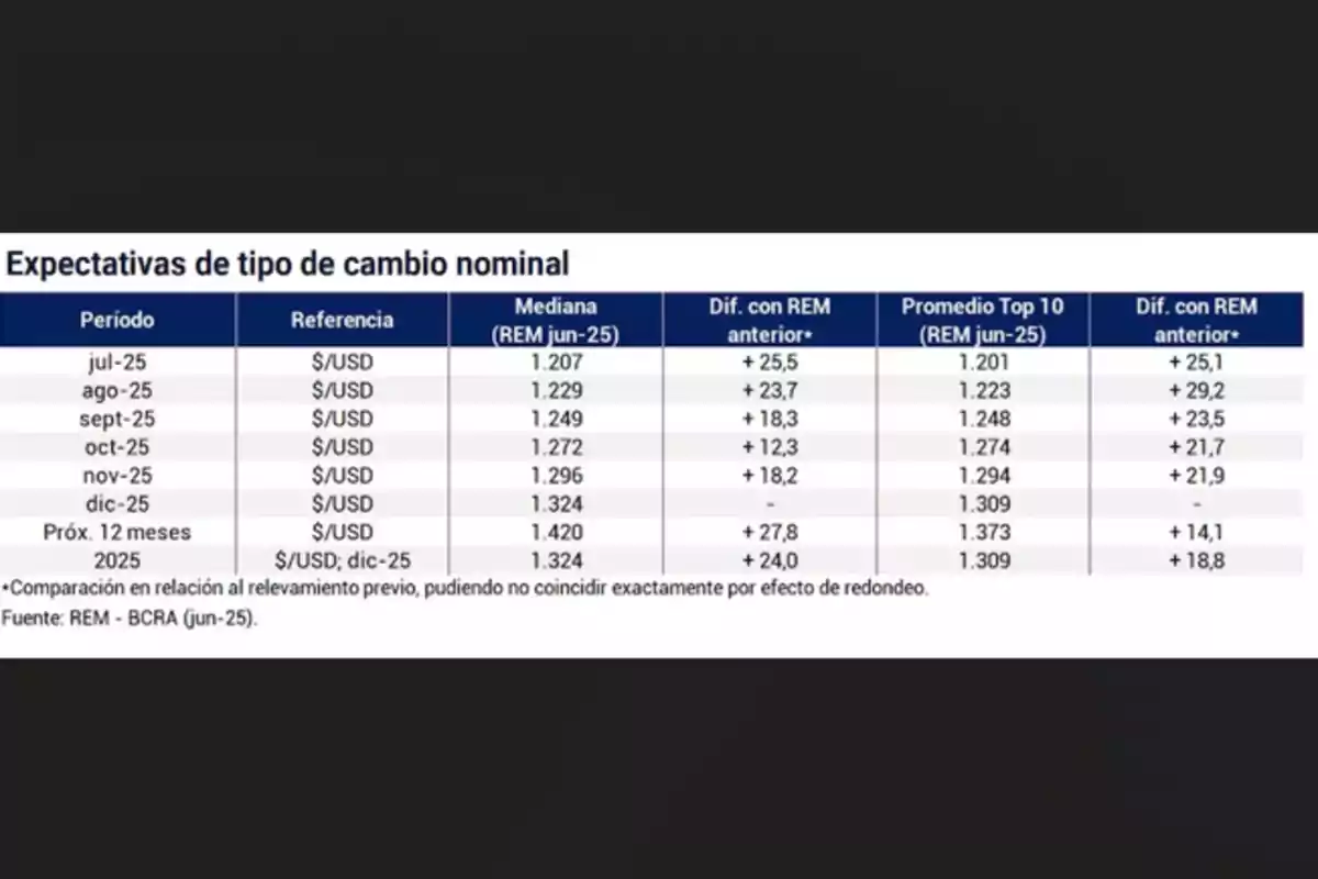 Table with nominal exchange rate expectations in Argentina for the period July 2025 to December 2025 and the next 12 months, showing median values, average of the top 10, and differences compared to the previous survey Table with nominal exchange rate expectations in Argentina for the period July 2025 to December 2025 and the next 12 months, showing median values, average of the top 10, and differences compared to the previous survey