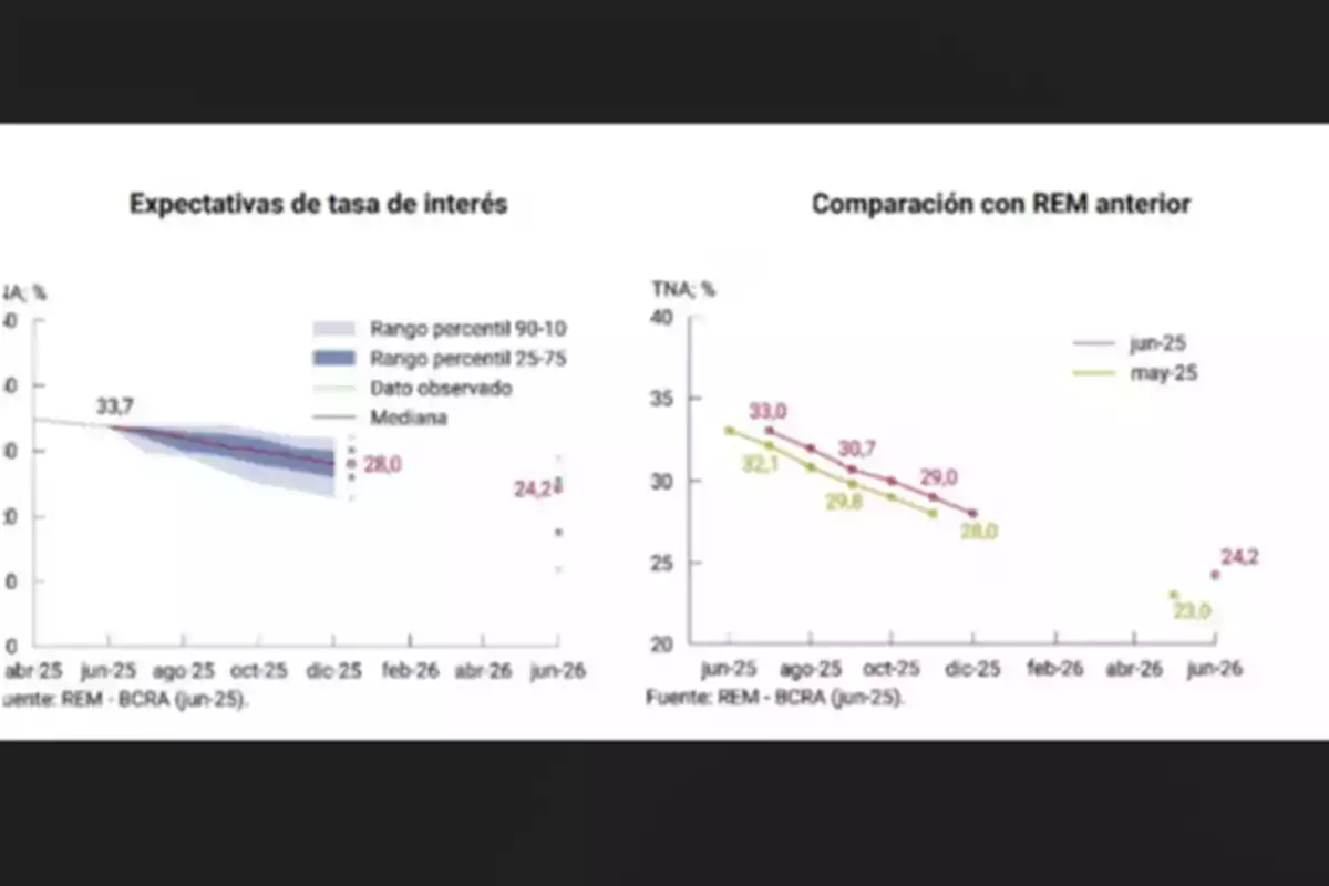 Charts showing interest rate expectations in Argentina according to the BCRA’s REM, with projections and comparisons between the May and June 2025 reports, where a downward trend in expected rates can be observed. Charts showing interest rate expectations in Argentina according to the BCRA’s REM, with projections and comparisons between the May and June 2025 reports, where a downward trend in expected rates can be observed.
